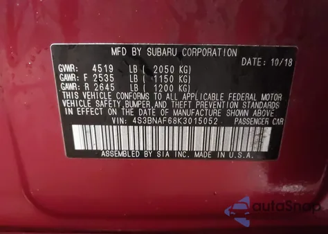 2019 Subaru Legacy 2.5I Premium from USA, damaged, VIN 4S3BNAF68K3015052